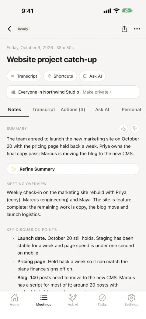 Notes for “Website project catch-up” on iPhone: summary and key discussion points