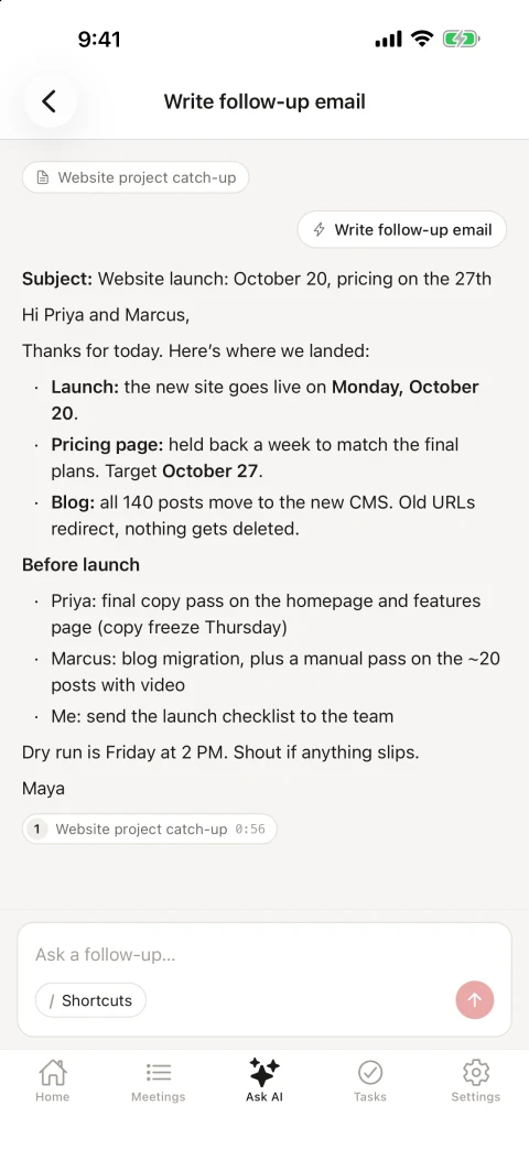 The Write follow-up email Shortcut’s draft for “Website project catch-up”