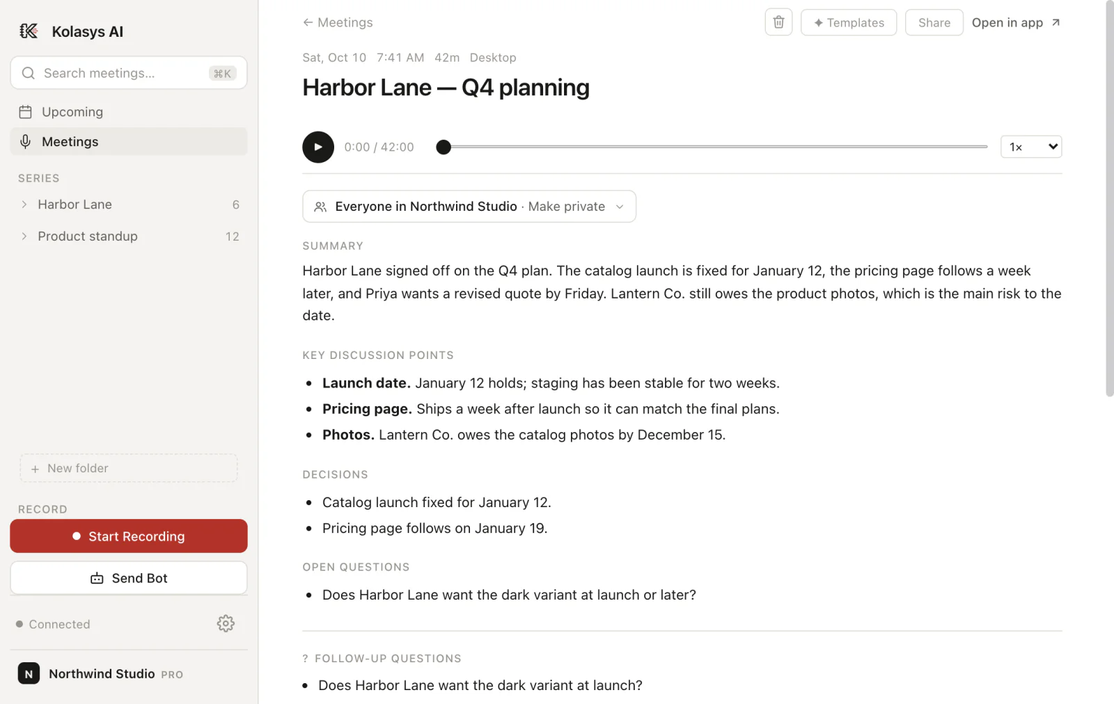 The Kolasys Mac app with the notes for “Harbor Lane — Q4 planning” open