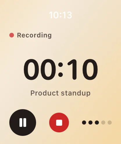Kolasys on Apple Watch, recording “Product standup” with a timer at 00:10