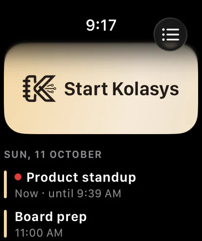 Watch app home: a Start Kolasys tile above today’s meetings