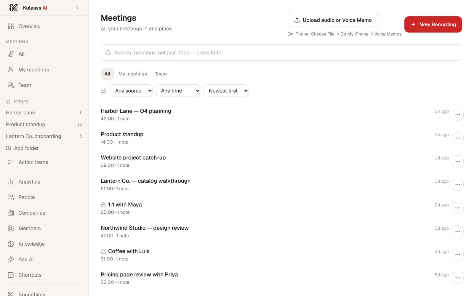 The Kolasys web app: the Meetings page with a list of recent meetings